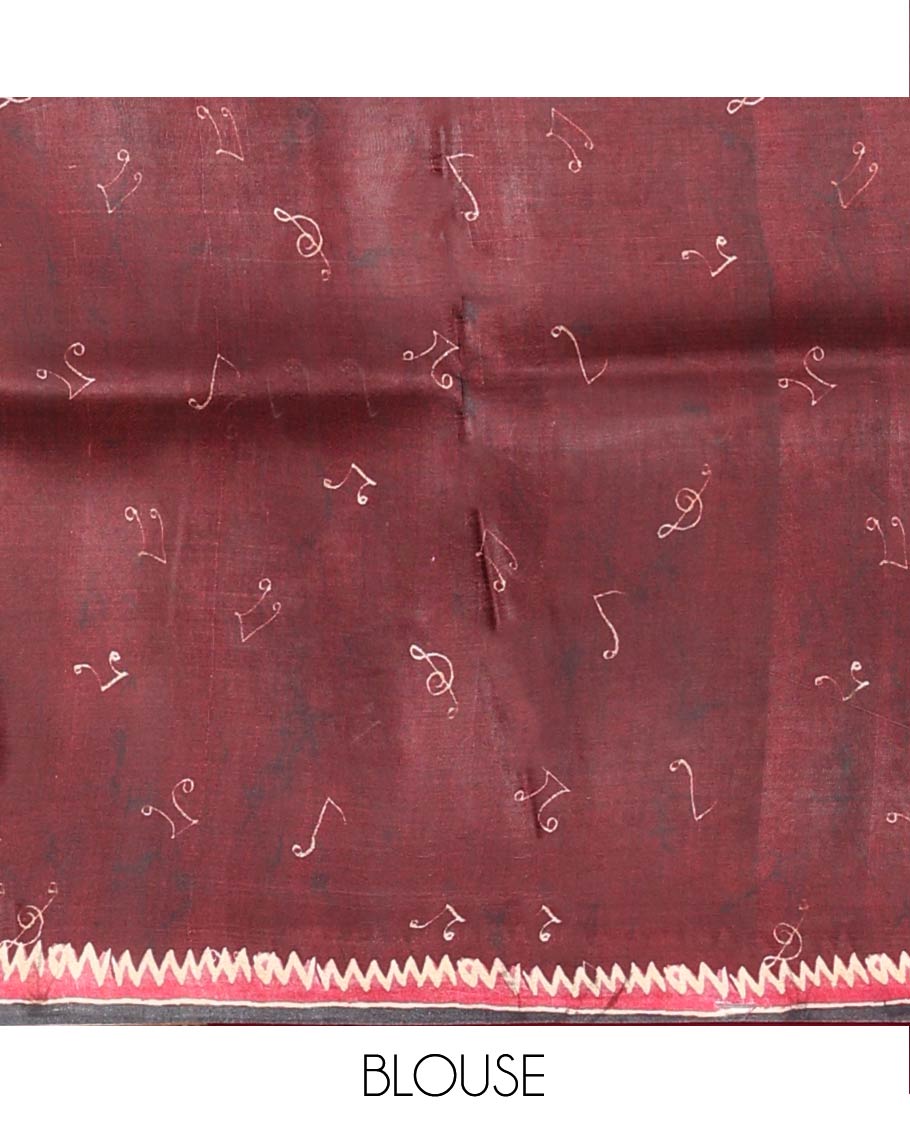 Maroon Printed Silk Saree Featuring Music Note Motifs and Musical Instruments Print, Complemented with a Contrast Temple-Printed Border, Pallu Picturing a Dancing Girl Motif Print, and Paired with a Matching Blouse