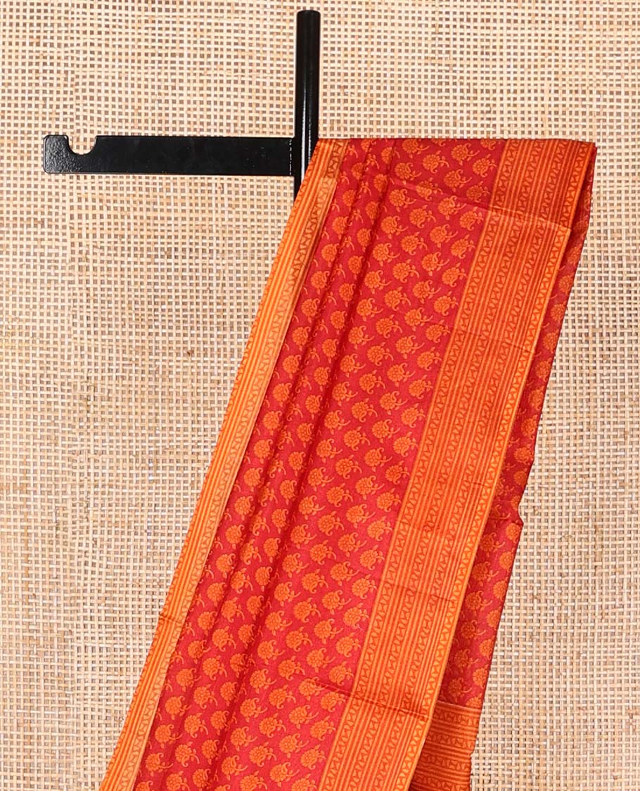 Red floral design printed silk saree with contrast intricate design border & floral design pallu