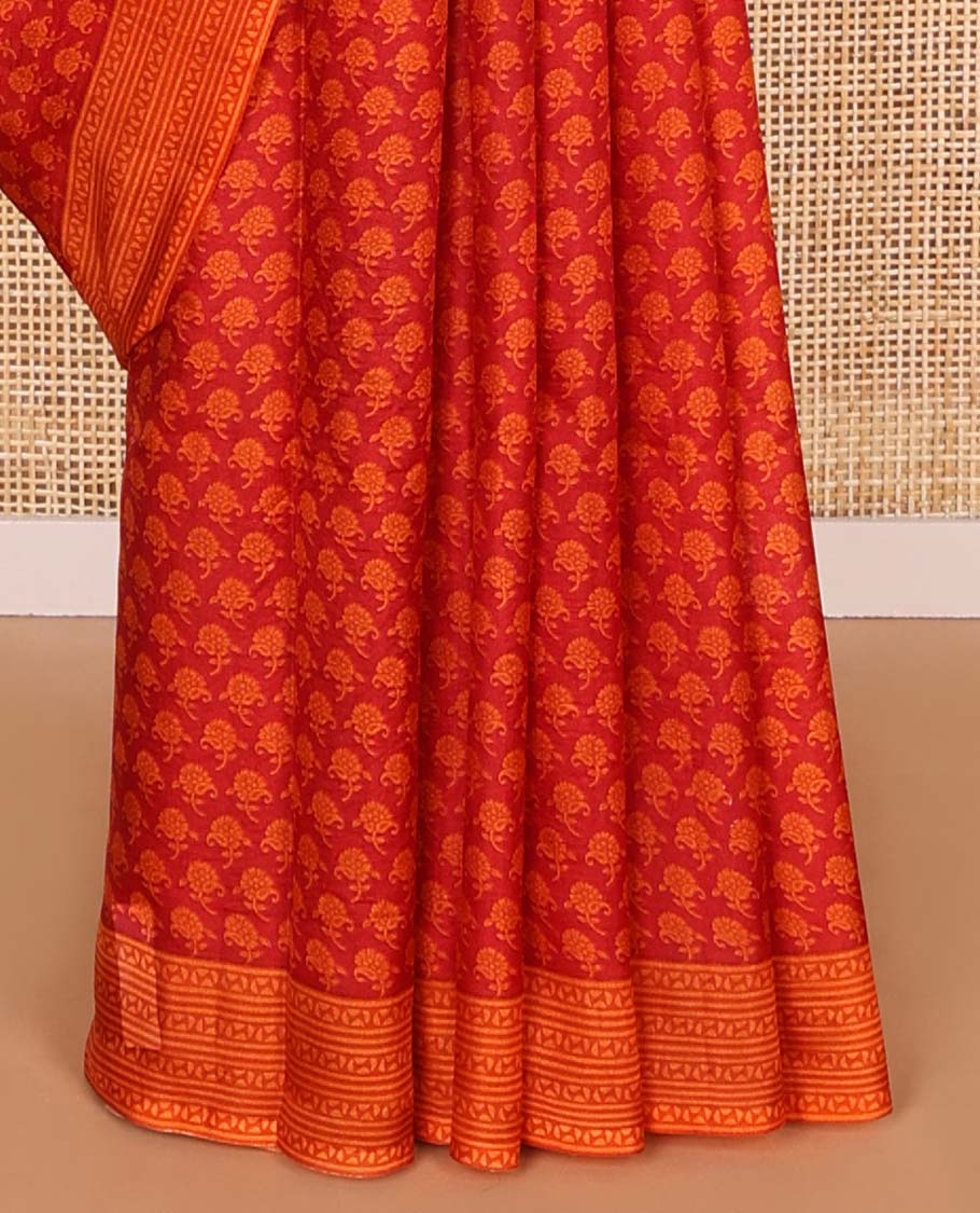 Red floral design printed silk saree with contrast intricate design border & floral design pallu