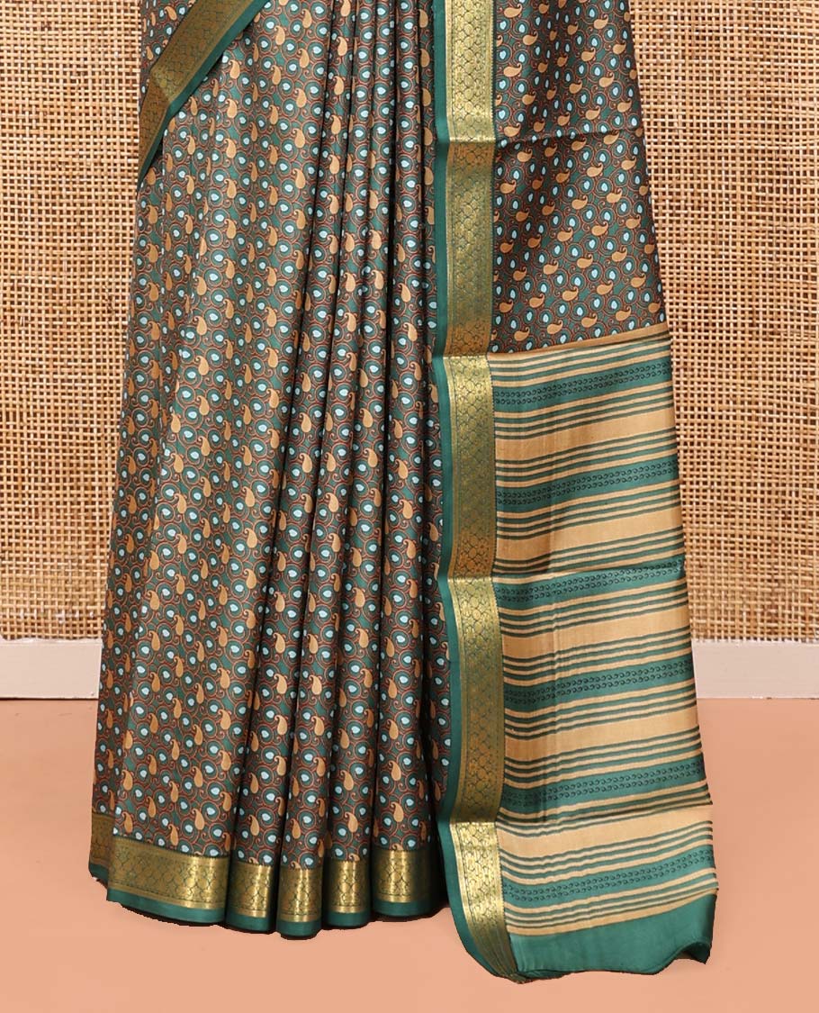 Green Printed Silk Saree, Steeped with Paisley Vine Designs, Highlighted by a Traditional Zari Border, Printed Pallu, and a Matching Blouse