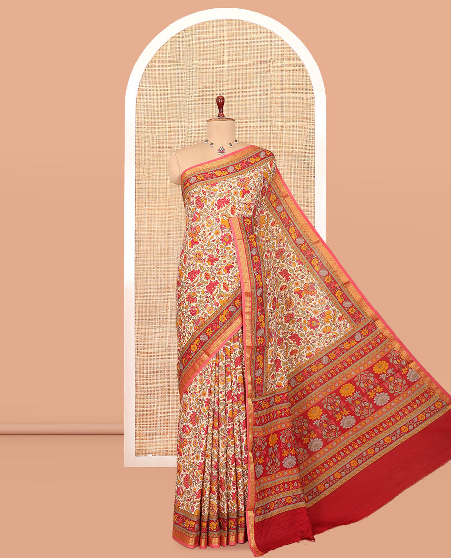 Red Printed Silk Saree, Elevated with Floral Vine Print, a Traditional Zari Border, Floral Pallu, and a Matching Blouse
