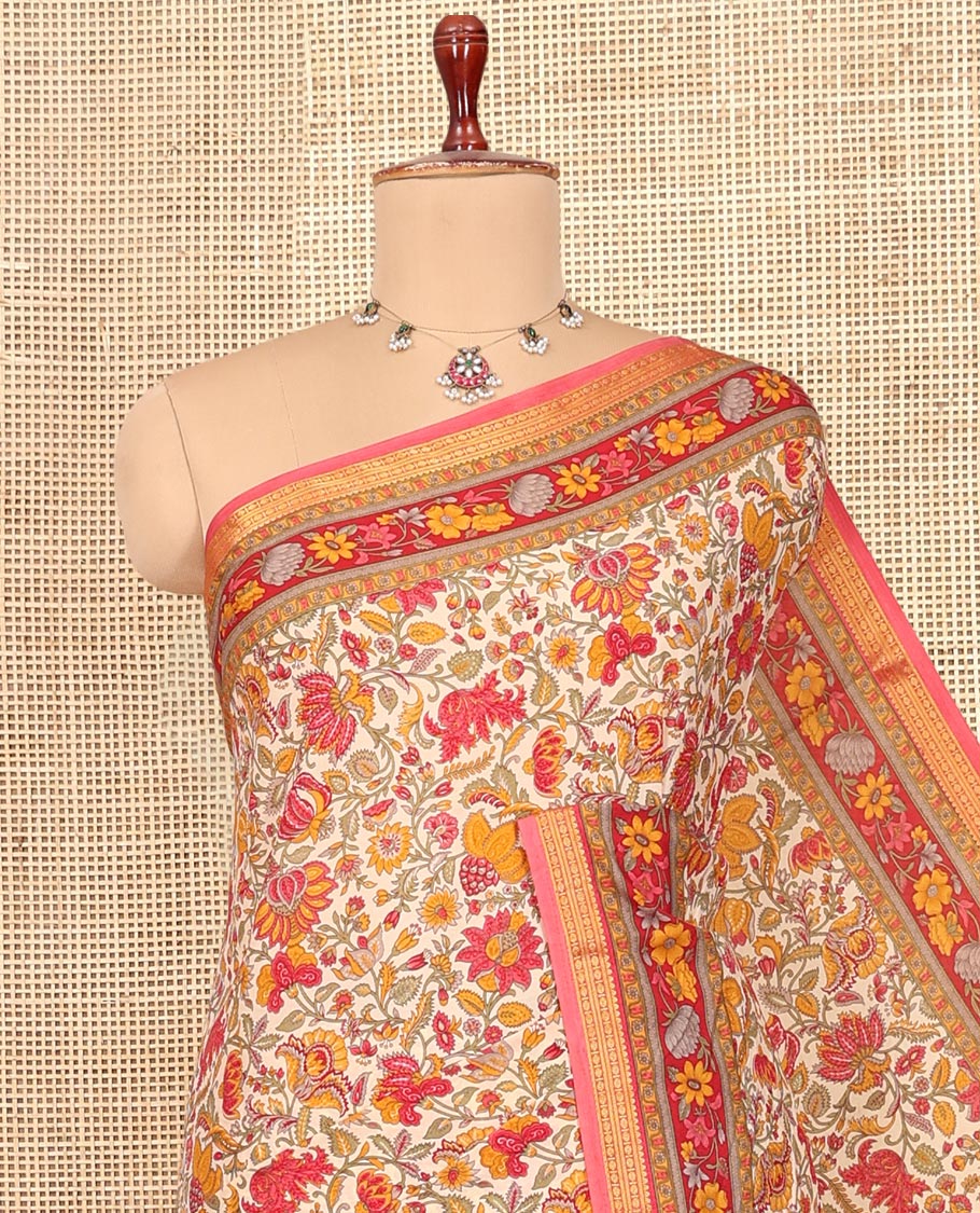 Red Printed Silk Saree, Elevated with Floral Vine Print, a Traditional Zari Border, Floral Pallu, and a Matching Blouse