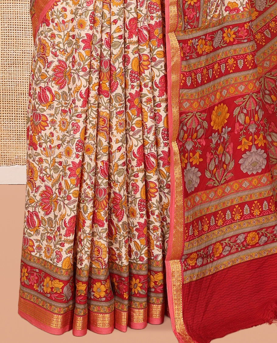 Red Printed Silk Saree, Elevated with Floral Vine Print, a Traditional Zari Border, Floral Pallu, and a Matching Blouse