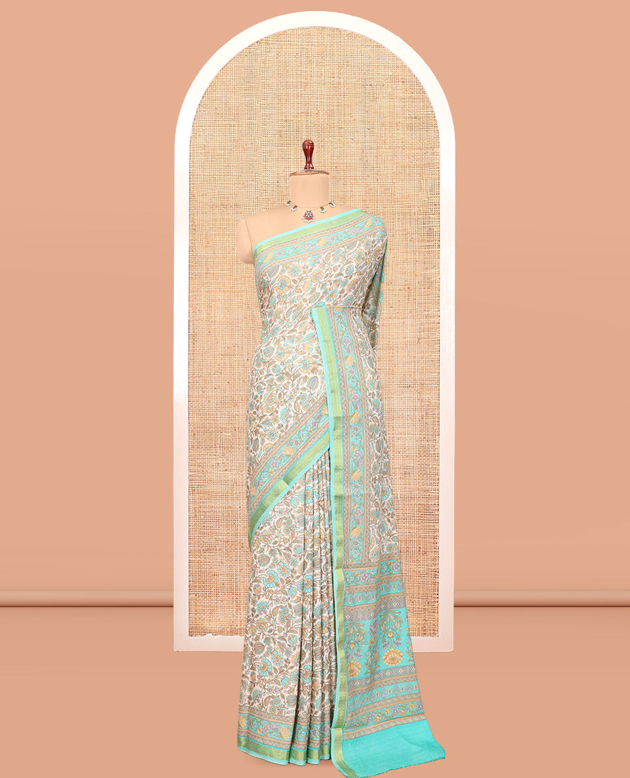 Off-White Base Printed Silk Saree, Enthralled with Floral Vine Print, a Contrast Floral Printed Zari Border, Floral Printed Pallu, and a Contrast Blouse