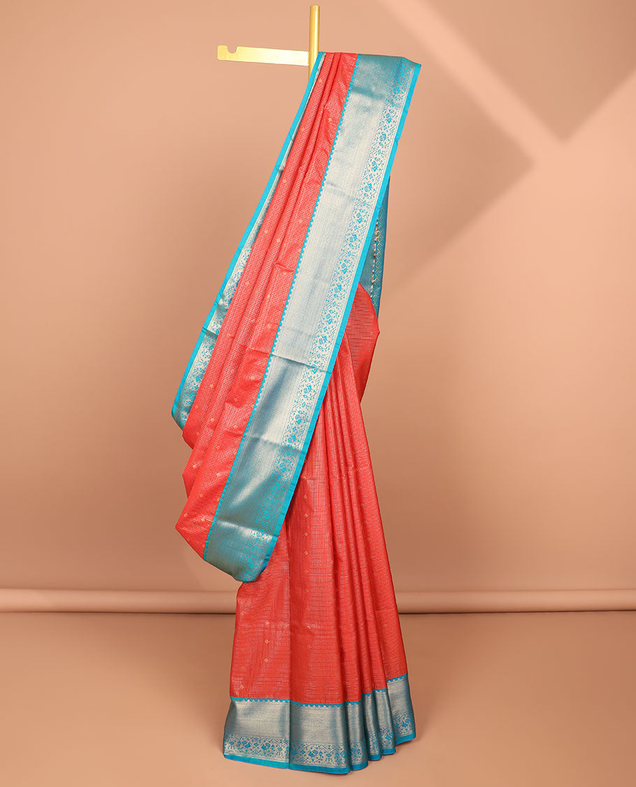 Red checked, floral design soft silk saree with contrast zari design border & checked zari design pallu