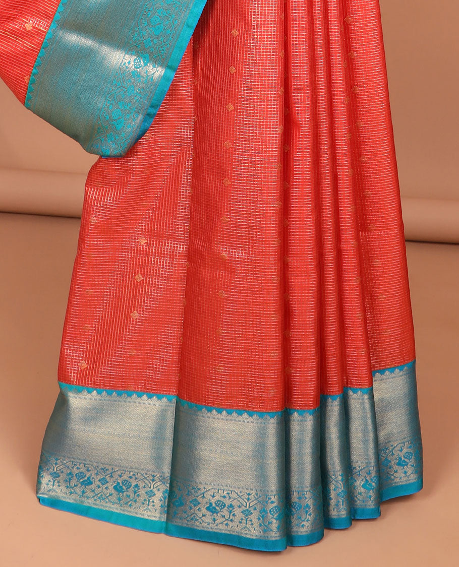 Red checked, floral design soft silk saree with contrast zari design border & checked zari design pallu