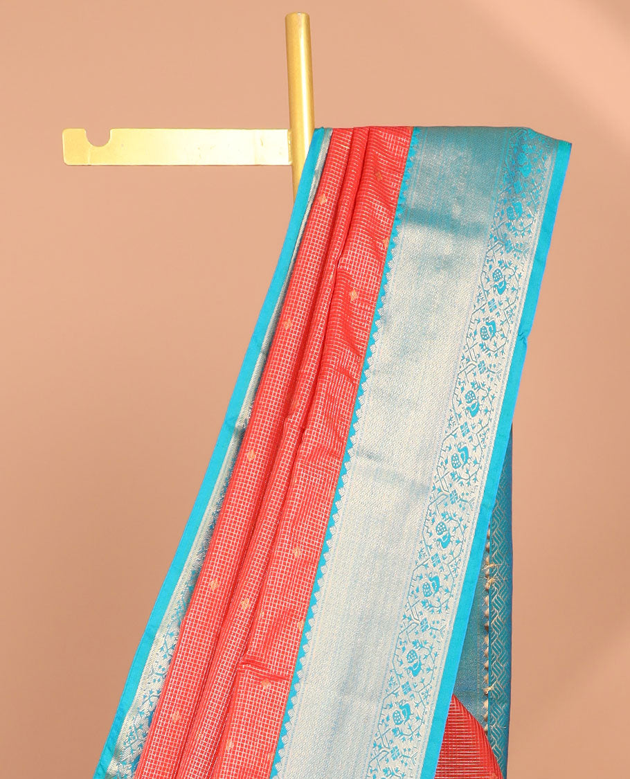 Red checked, floral design soft silk saree with contrast zari design border & checked zari design pallu