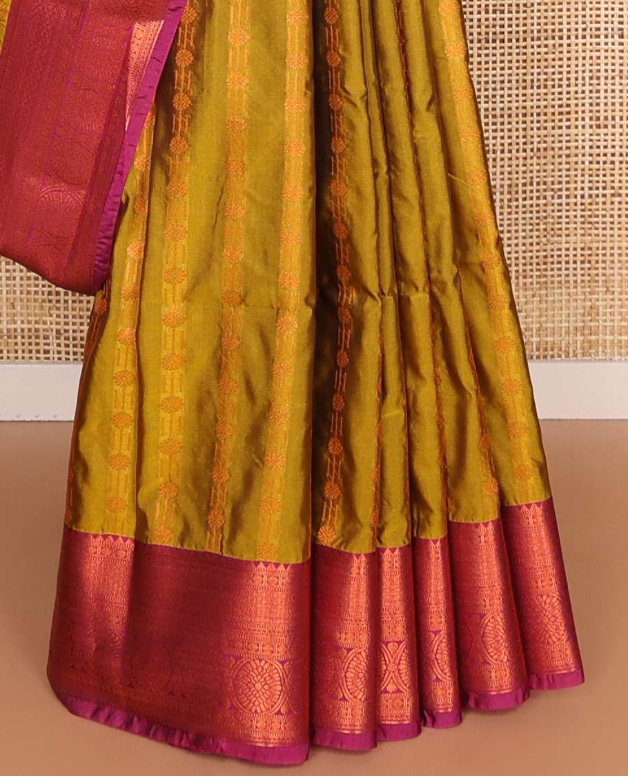Green striped floral design soft silk saree with contrast checked design border & floral jaal design pallu