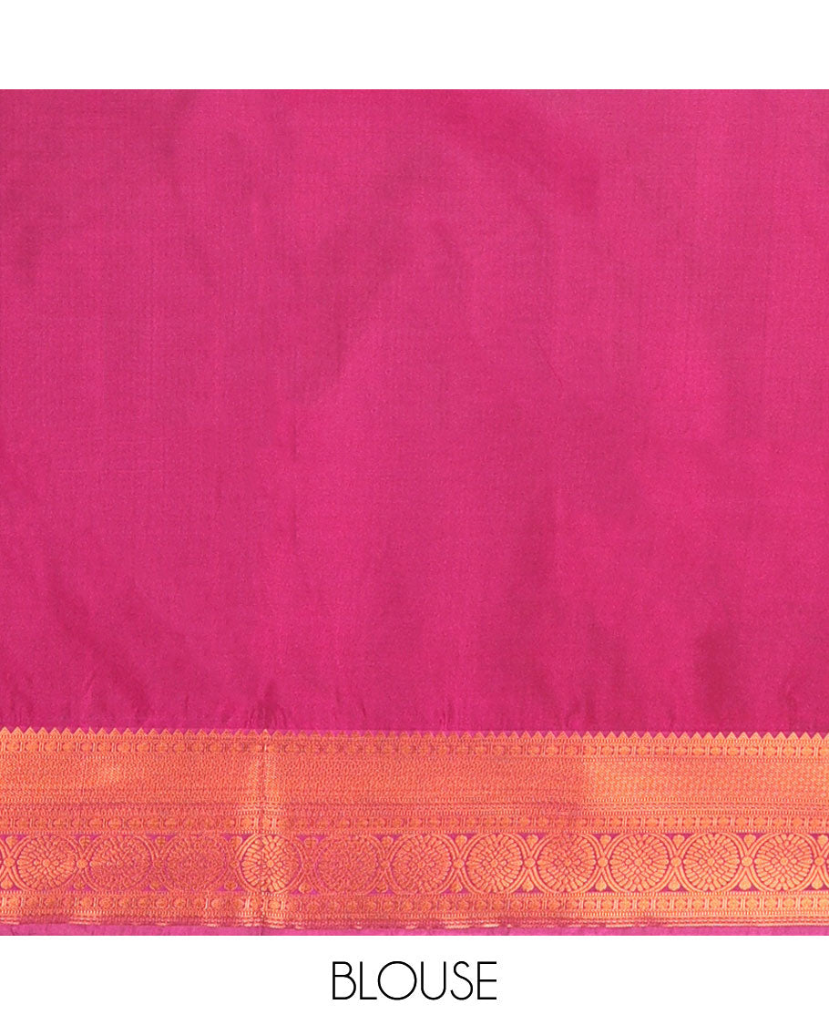 Green striped floral design soft silk saree with contrast checked design border & floral jaal design pallu
