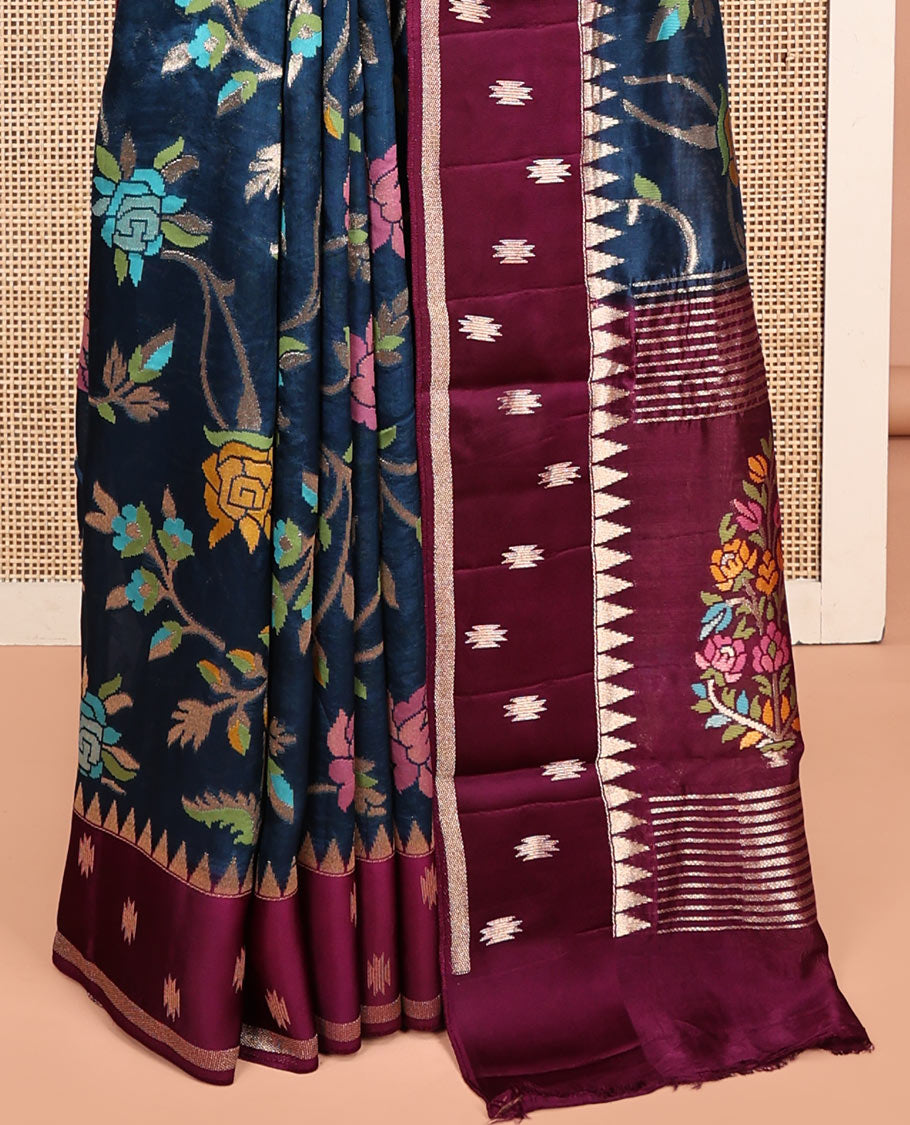 Blue Matka Silk Saree, Elegantly Highlighted with Meenakari Floral Vine Design All Over Its Body, Complemented by Contrast Temple Border of Buttas, Pallu of Floral Designs, and Paired with Contrast Blouse