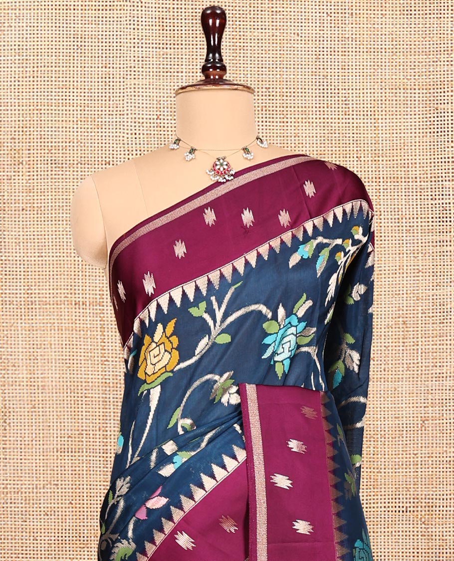 Blue Matka Silk Saree, Elegantly Highlighted with Meenakari Floral Vine Design All Over Its Body, Complemented by Contrast Temple Border of Buttas, Pallu of Floral Designs, and Paired with Contrast Blouse