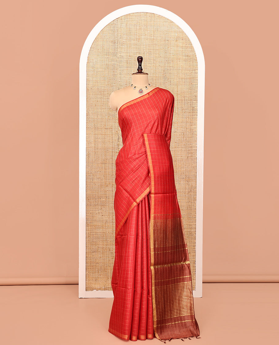 Red Checked Tussar Silk Saree, a Piping Border, Contrast Zari Striped Pallu, and Contrast Blouse