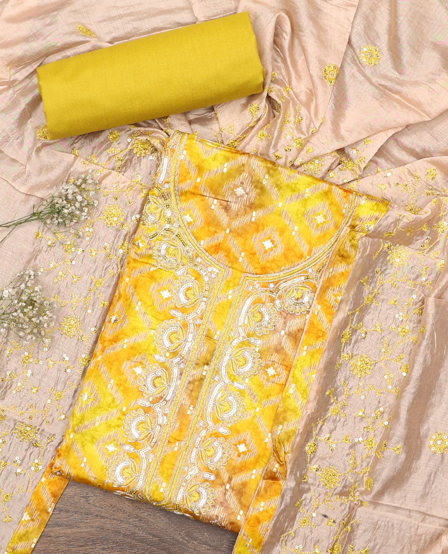 Yellow material chudidar set, ikkat jaal printed with neck embroidered top, plain bottom, and sequins embroidered dupatta