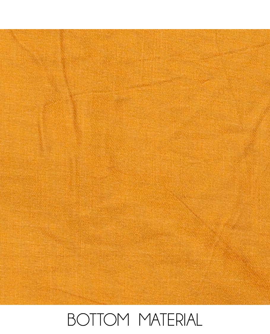 Mustard material chudidar set, Ajrakh print with mirror work neck embroidered top, plain bottom, and plain lace border dupatta