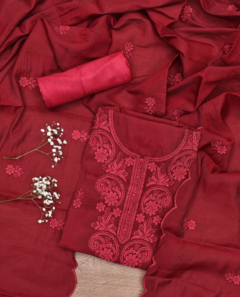 Maroon Material Chudidar Set, Subtly Woven with Lucknowi Chikankari-Style Floral-Leaf Neck Embroidery on Muslin Top, a Plain Santoon Bottom, and Paired with a Lucknowi Chikankari-Style Embroidered Muslin Scallop Dupatta