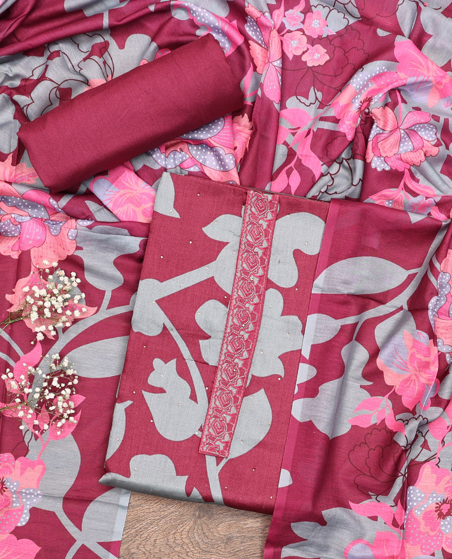 Burgundy and Grey Material Chudidar Set, Decorated with Silhouette-Style Floral Print, and Stone Work on Its Rayon Top, a Plain Rayon Bottom, and Paired with a Floral Printed Rayon Dupatta