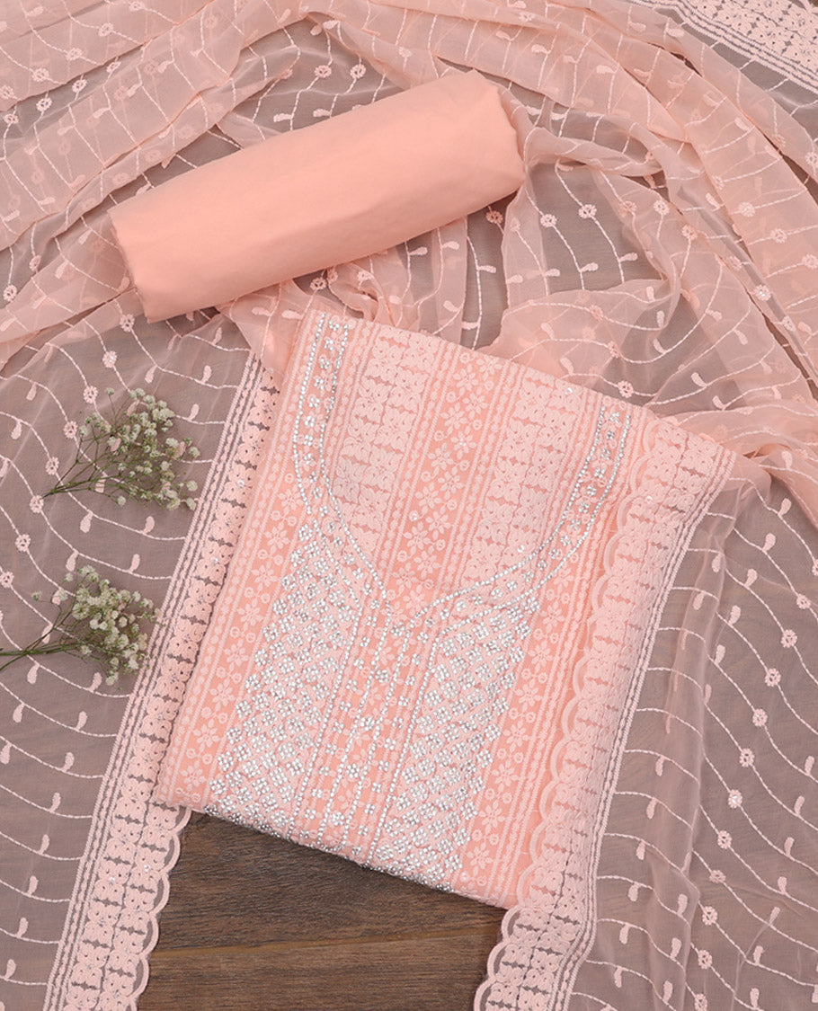 Peach Material Chudidar Set, Woven with Chikankari-Style Embroidery and Neck Stone Work on Georgette Top, a Plain Santoon Bottom, and Paired with a Floral Vine Embroidery Georgette Dupatta