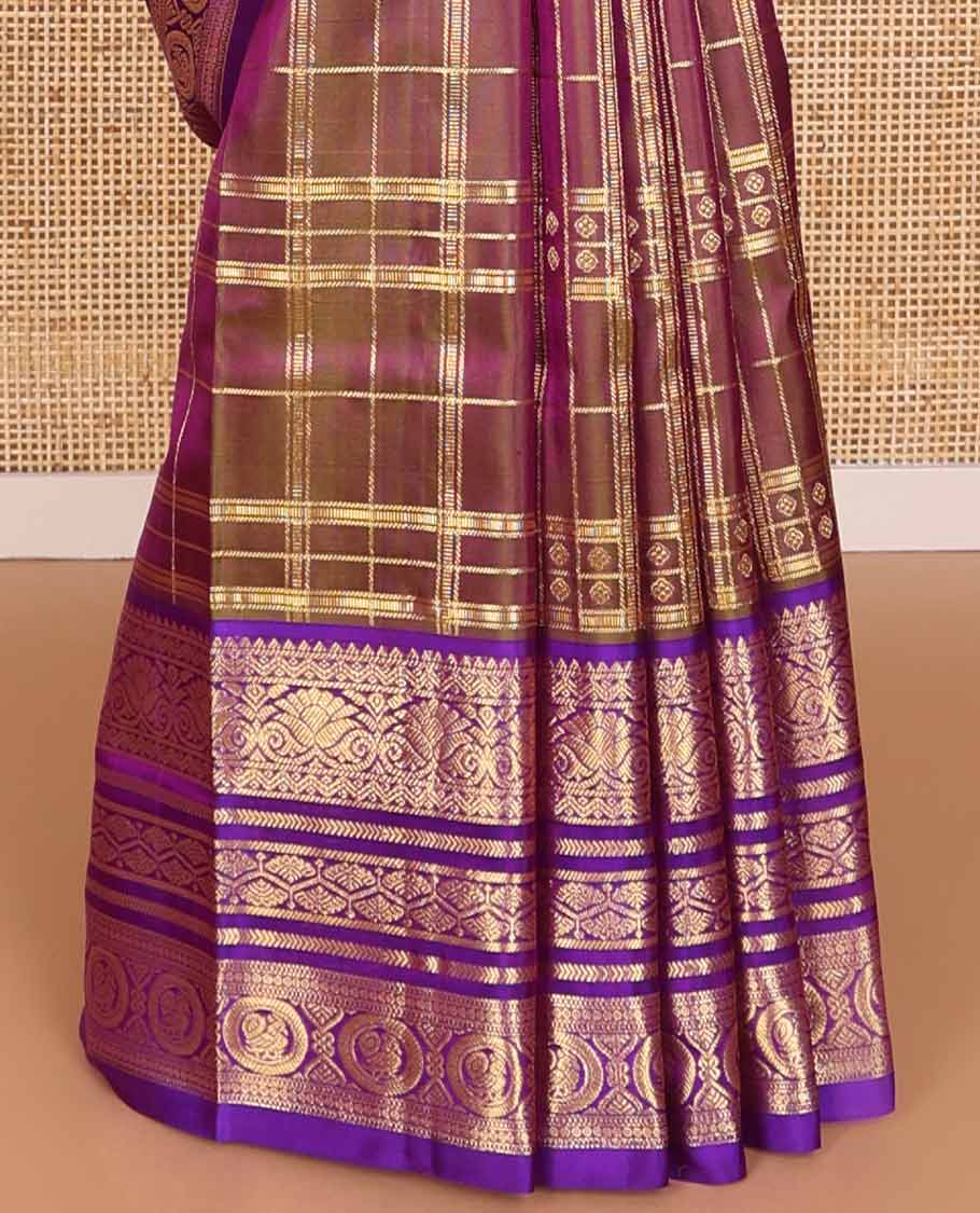 Brown checked, motifs venkatagiri silk saree with contrast zari design & floral design pallu