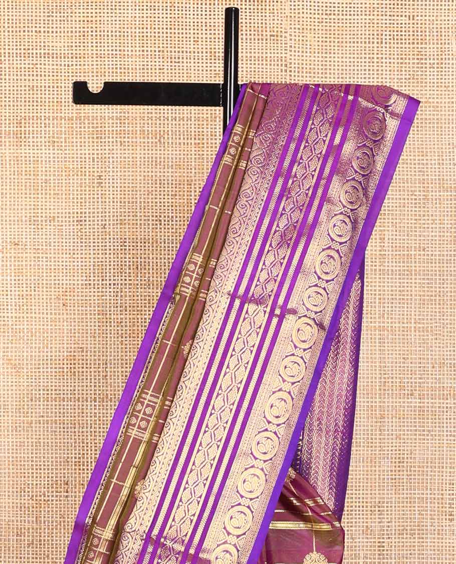 Brown checked, motifs venkatagiri silk saree with contrast zari design & floral design pallu
