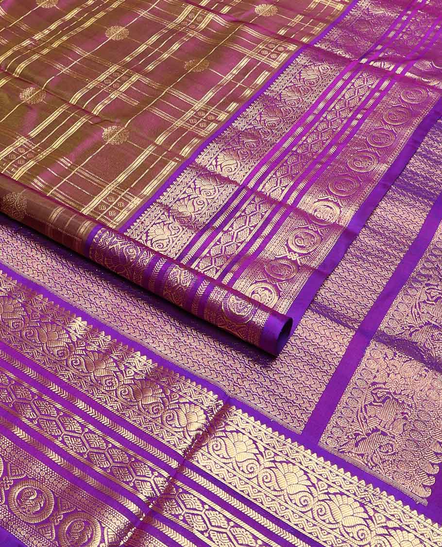 Brown checked, motifs venkatagiri silk saree with contrast zari design & floral design pallu