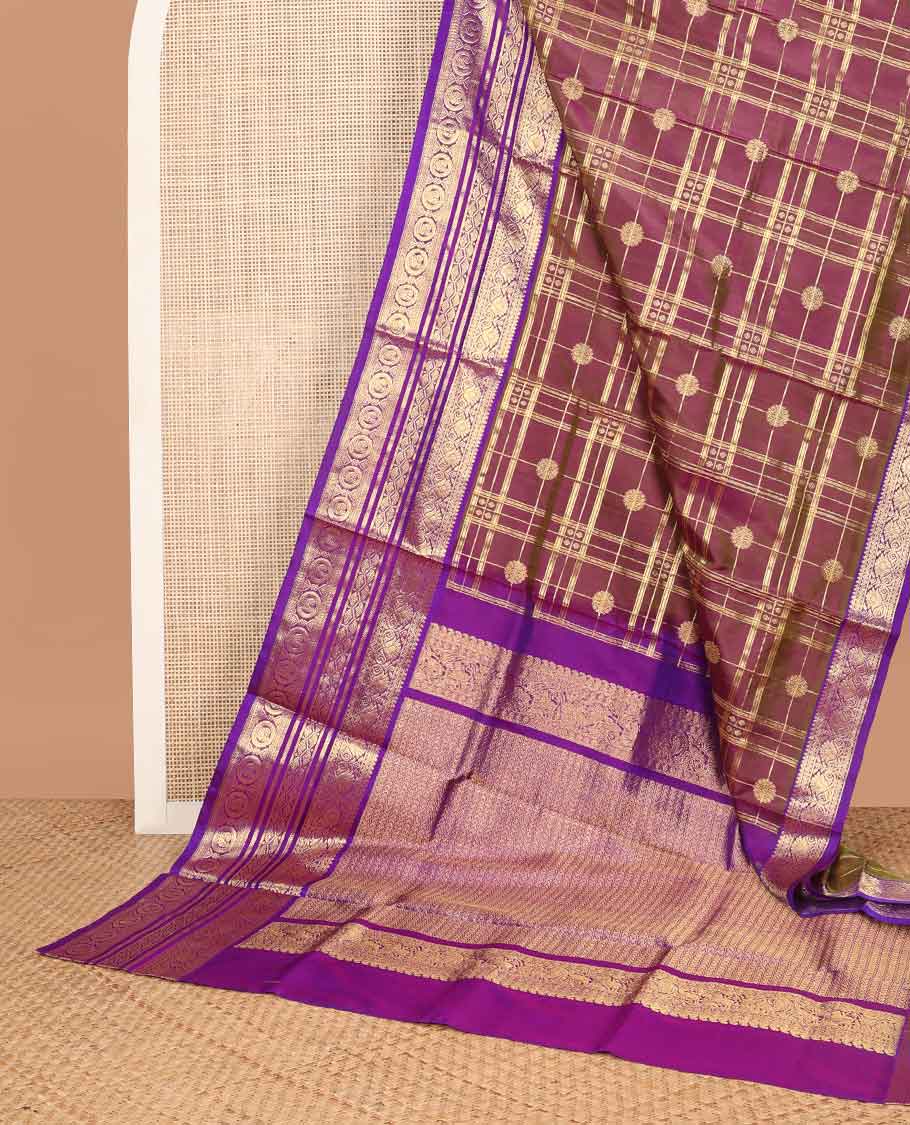 Brown checked, motifs venkatagiri silk saree with contrast zari design & floral design pallu