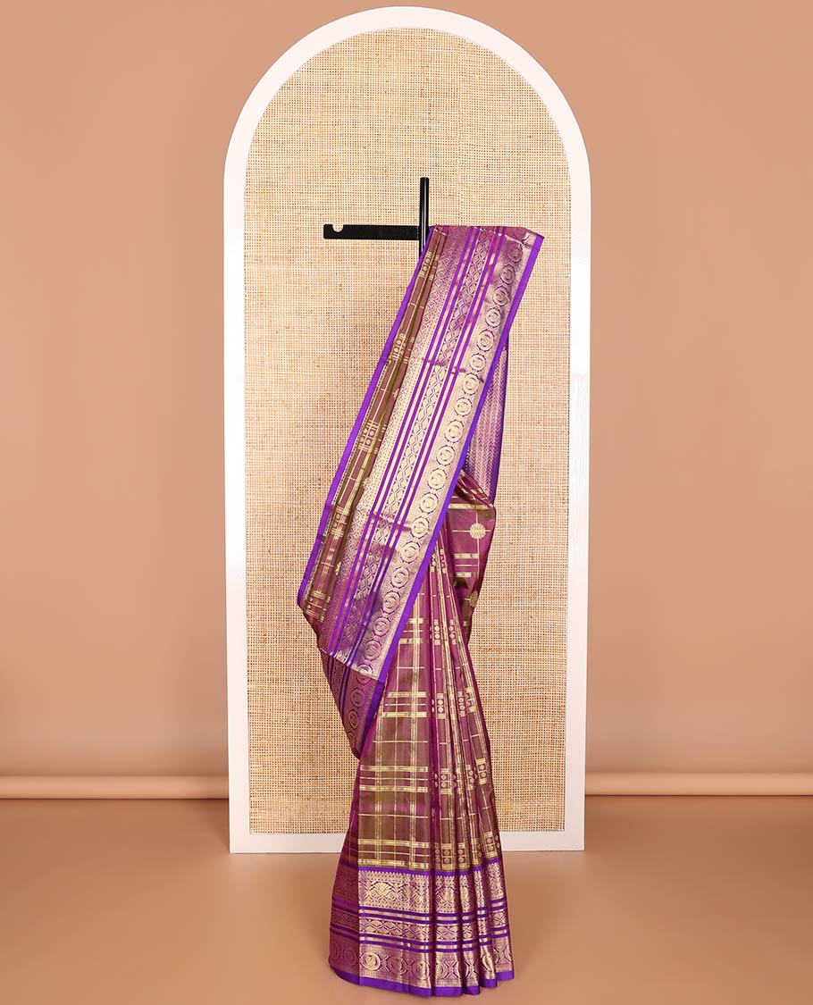 Brown checked, motifs venkatagiri silk saree with contrast zari design & floral design pallu