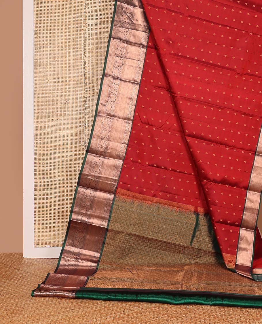 Red zari buttas Vasundhara silk mix saree, contrast traditional zari design border, and jaal pallu