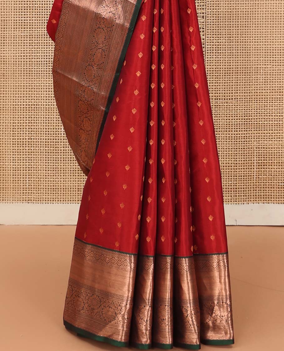 Red zari buttas Vasundhara silk mix saree, contrast traditional zari design border, and jaal pallu