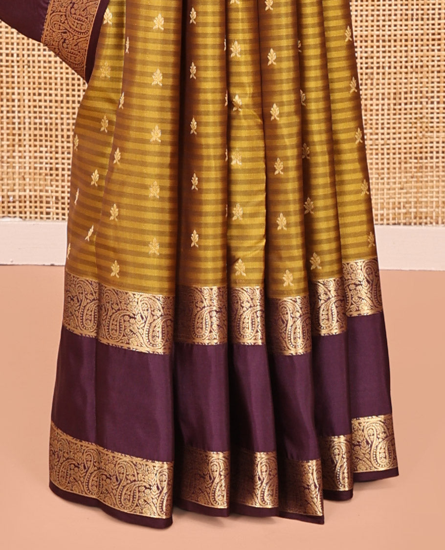 Mustard Vasundhara Lite Silk Mix Saree, Entralled with Zari Buttas and Stripes On Its Body, Complemented by Contrast Border of Manga Designs, Ogee Patterned Pallu and Paired with a Contrast Blouse