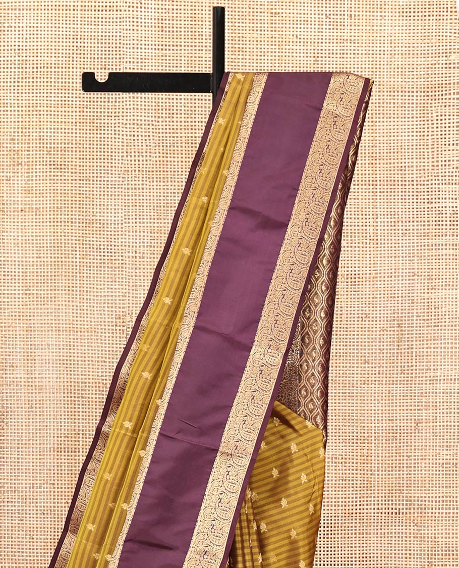 Mustard Vasundhara Lite Silk Mix Saree, Entralled with Zari Buttas and Stripes On Its Body, Complemented by Contrast Border of Manga Designs, Ogee Patterned Pallu and Paired with a Contrast Blouse