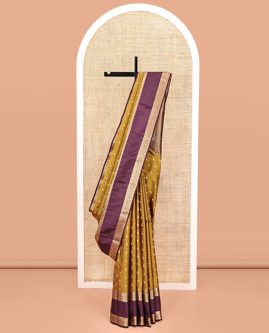Mustard Vasundhara Lite Silk Mix Saree, Entralled with Zari Buttas and Stripes On Its Body, Complemented by Contrast Border of Manga Designs, Ogee Patterned Pallu and Paired with a Contrast Blouse