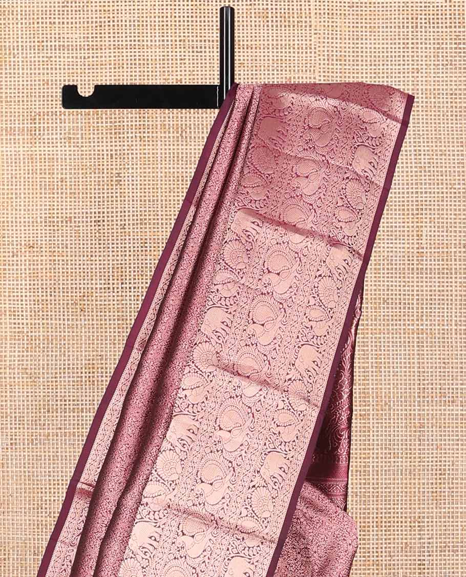 Red floral jacquard kancheepuram silk saree with self border of thilakam mokku, yanaai, mayil design & zari design pallu