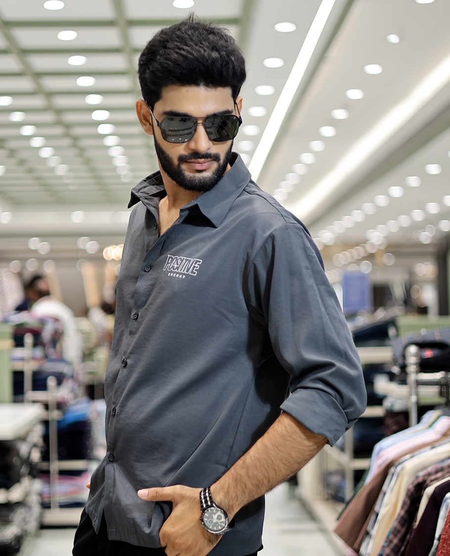 Grey Poly-Blended Back Flap Casual Shirt
