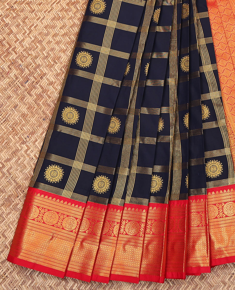 Navy Blue Budget Silk Saree, Charmingly Accented with Zari Butta Enclosed Checks All Over Its Body, Complemented by a Contrast Traditional Zari Design Border, Grand Jaal Pallu, and Paired with a Contrast Blouse