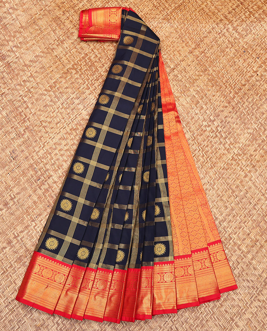 Navy Blue Budget Silk Saree, Charmingly Accented with Zari Butta Enclosed Checks All Over Its Body, Complemented by a Contrast Traditional Zari Design Border, Grand Jaal Pallu, and Paired with a Contrast Blouse