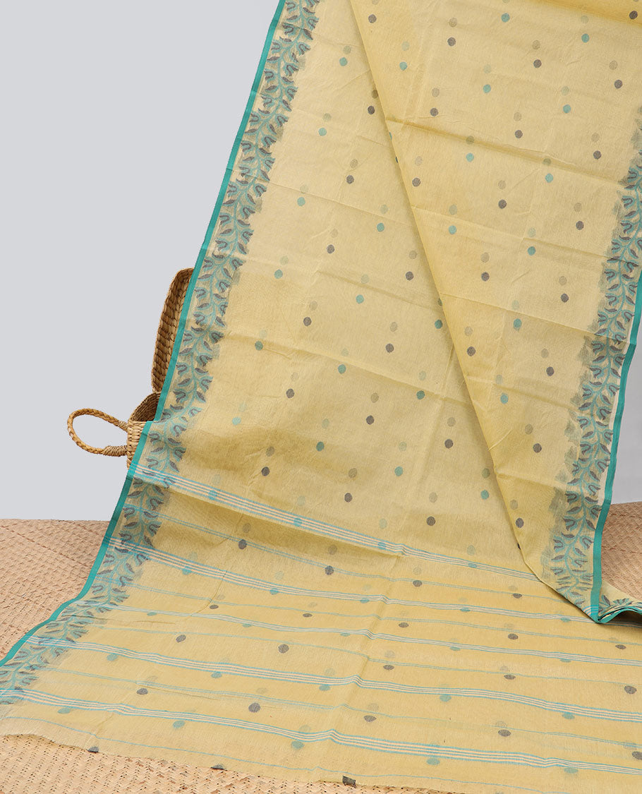 Sandal buttas Bengal cotton saree, leaf vine border & striped pallu