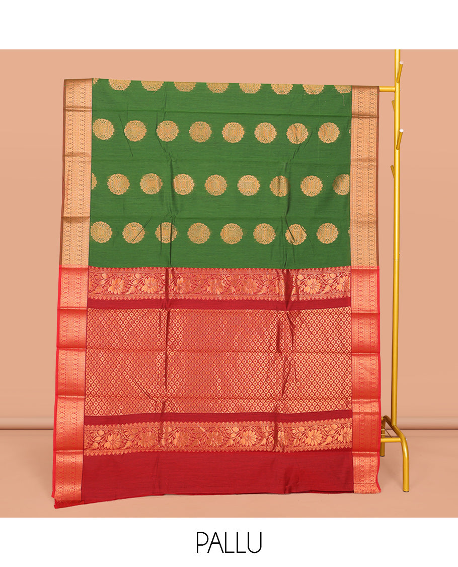 Green Semi-Silk Cotton Saree, Embellished with Zari Buttas All Over Its Body, Complemented by a Contrast Traditional Zari Design Border, Grand Jaal Pallu, and Paired with a Contrast Blouse