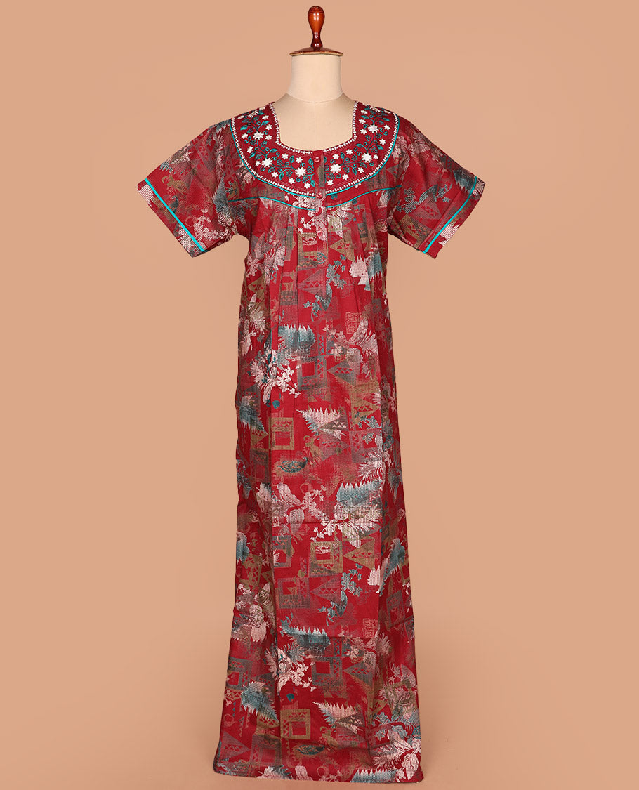 Red floral-geometric printed round neck embroidered half-sleeve cotton nighty