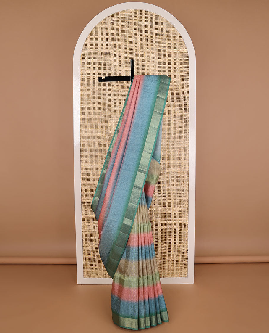 Multi-color striped tussar saree with contrast zari border & striped pallu