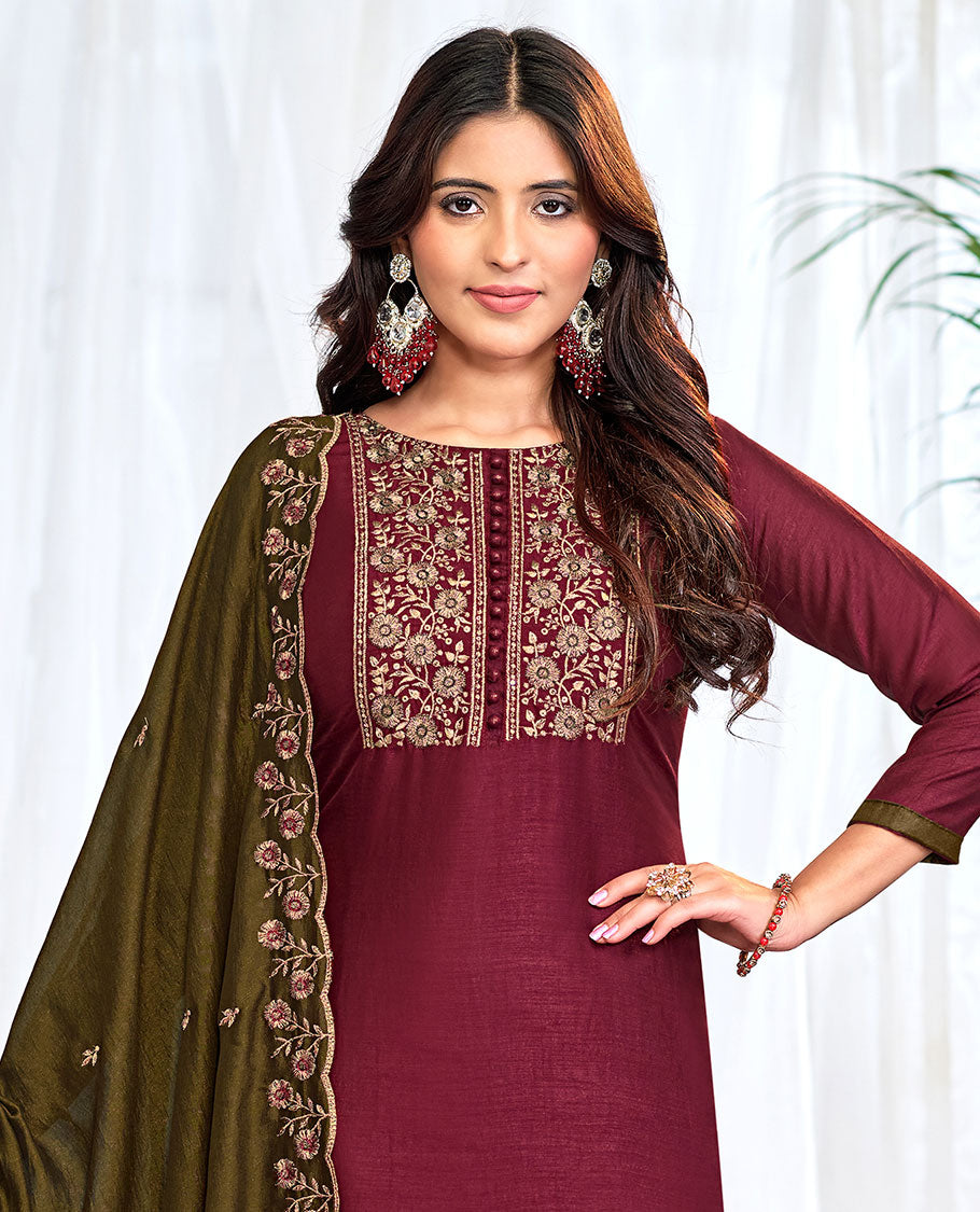 Maroon churidar material set, floral neck embroidered top, contrast plain bottom, and scallop floral embroidered dupatta
