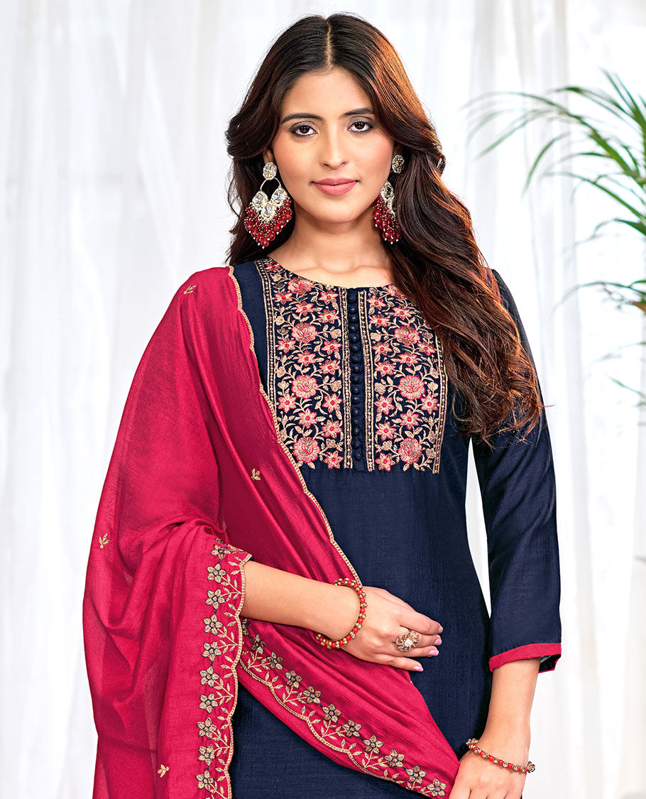 Navy blue churidar material set, floral neck embroidered top, contrast plain bottom, and scallop floral embroidered dupatta