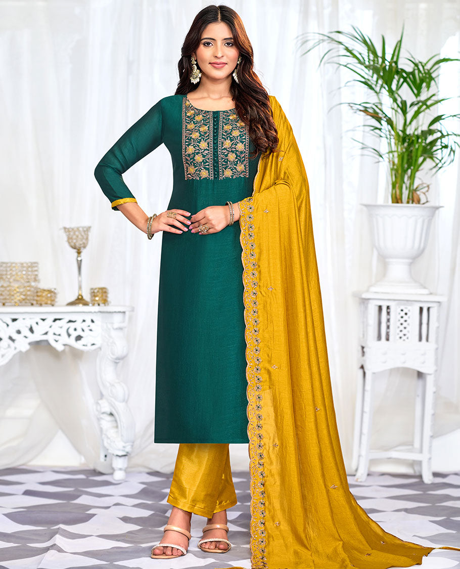 Green churidar material set, floral neck embroidered top, contrast plain bottom, and scallop floral embroidered dupatta
