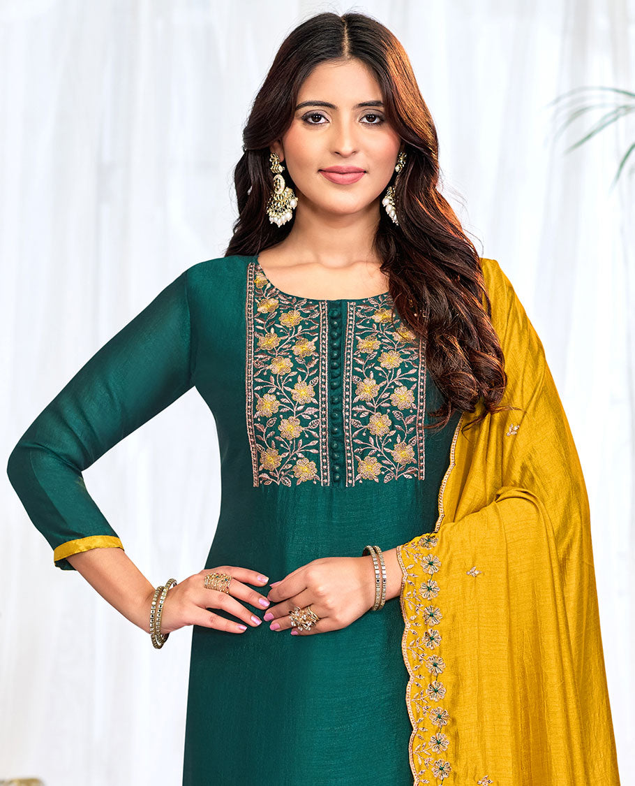 Green churidar material set, floral neck embroidered top, contrast plain bottom, and scallop floral embroidered dupatta