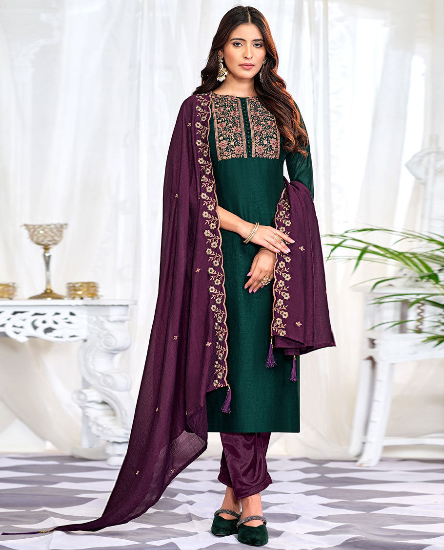 Dark green churidar material set, floral neck embroidered top, contrast plain bottom, and scallop floral embroidered dupatta