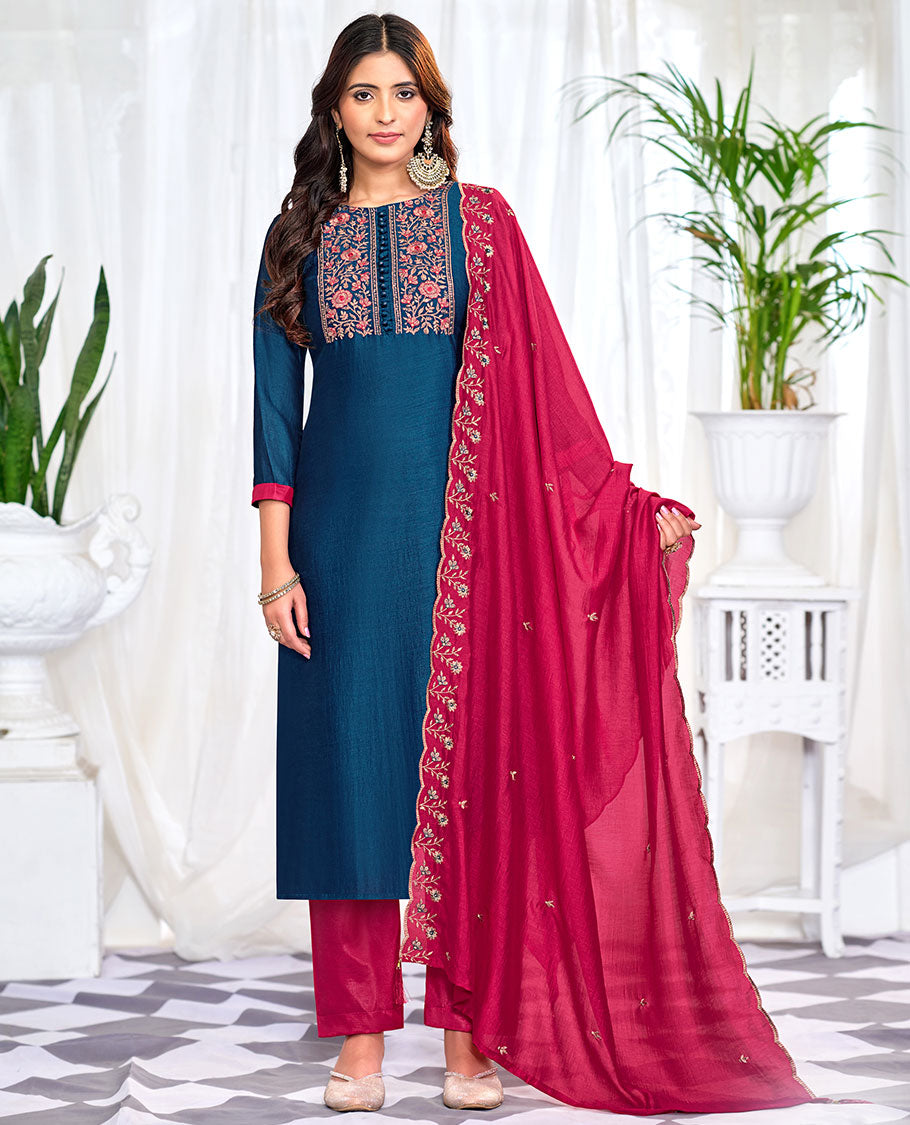 Sapphire blue churidar material set, floral neck embroidered top, contrast plain bottom, and scallop floral embroidered dupatta