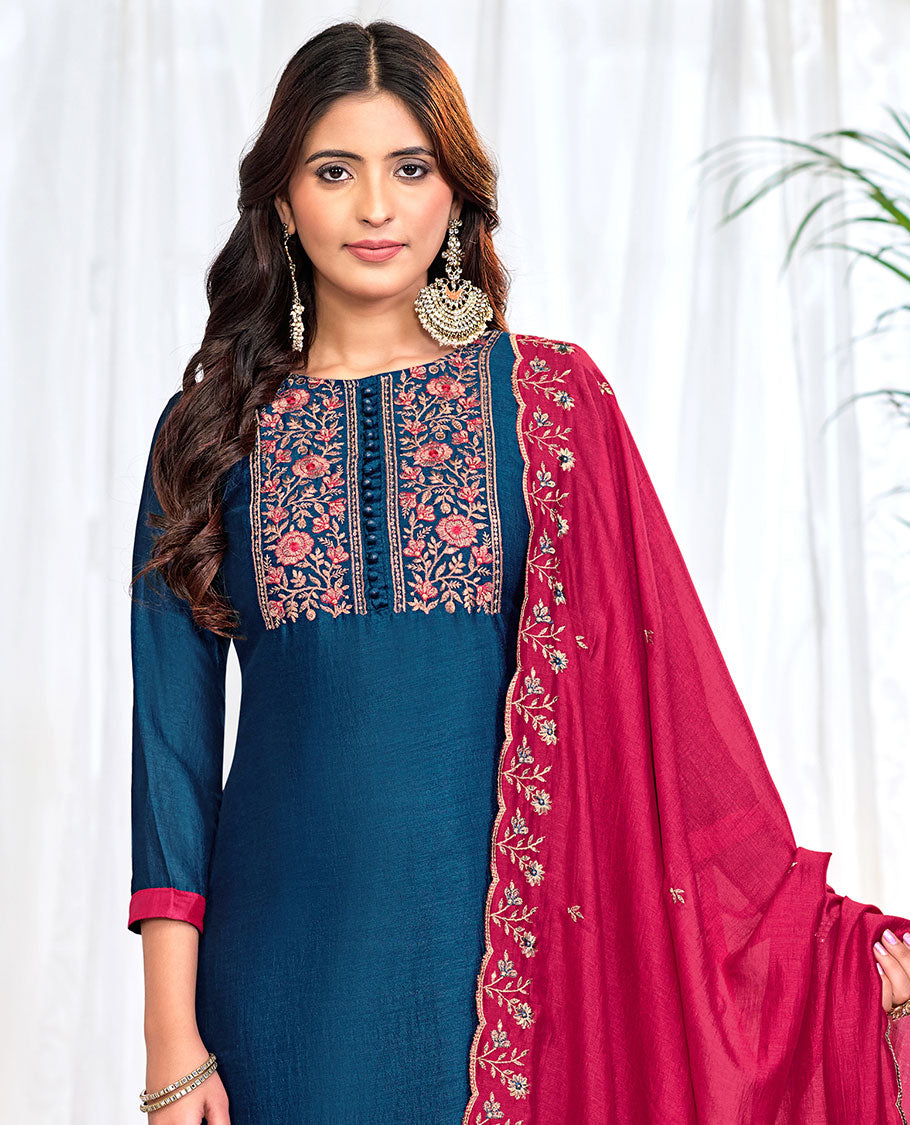 Sapphire blue churidar material set, floral neck embroidered top, contrast plain bottom, and scallop floral embroidered dupatta
