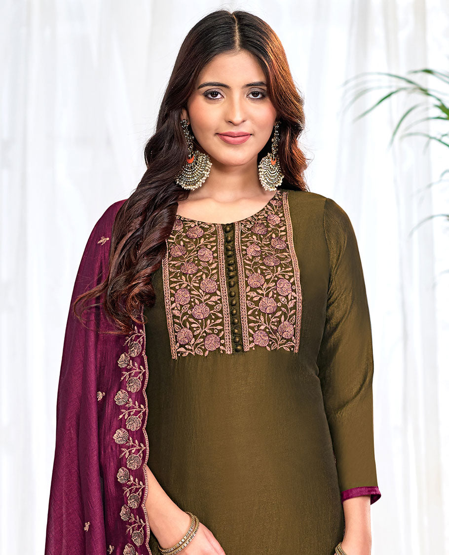 Dark olive green churidar material set, floral neck embroidered top, contrast plain bottom, and scallop floral embroidered dupatta