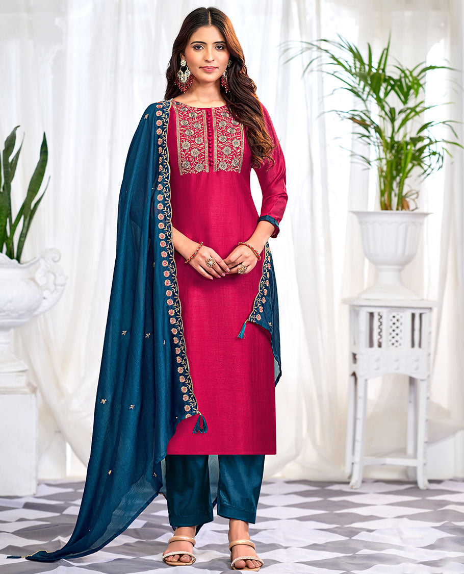 Cherry red churidar material set, floral neck embroidered top, contrast plain bottom, and scallop floral embroidered dupatta