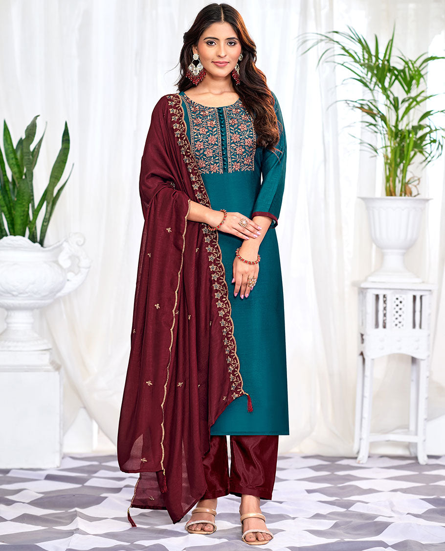 Peacock blue churidar material set, floral neck embroidered top, contrast plain bottom, and scallop floral embroidered dupatta