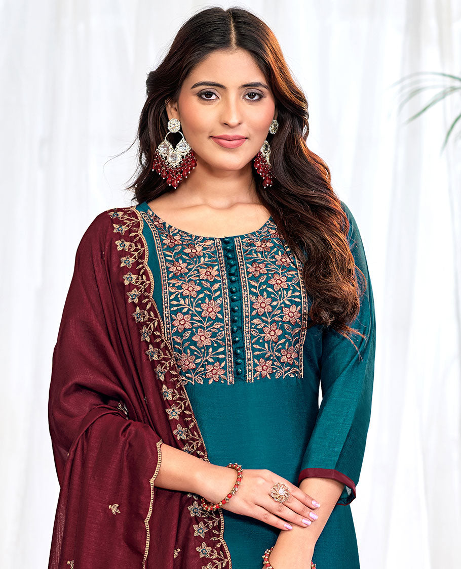 Peacock blue churidar material set, floral neck embroidered top, contrast plain bottom, and scallop floral embroidered dupatta